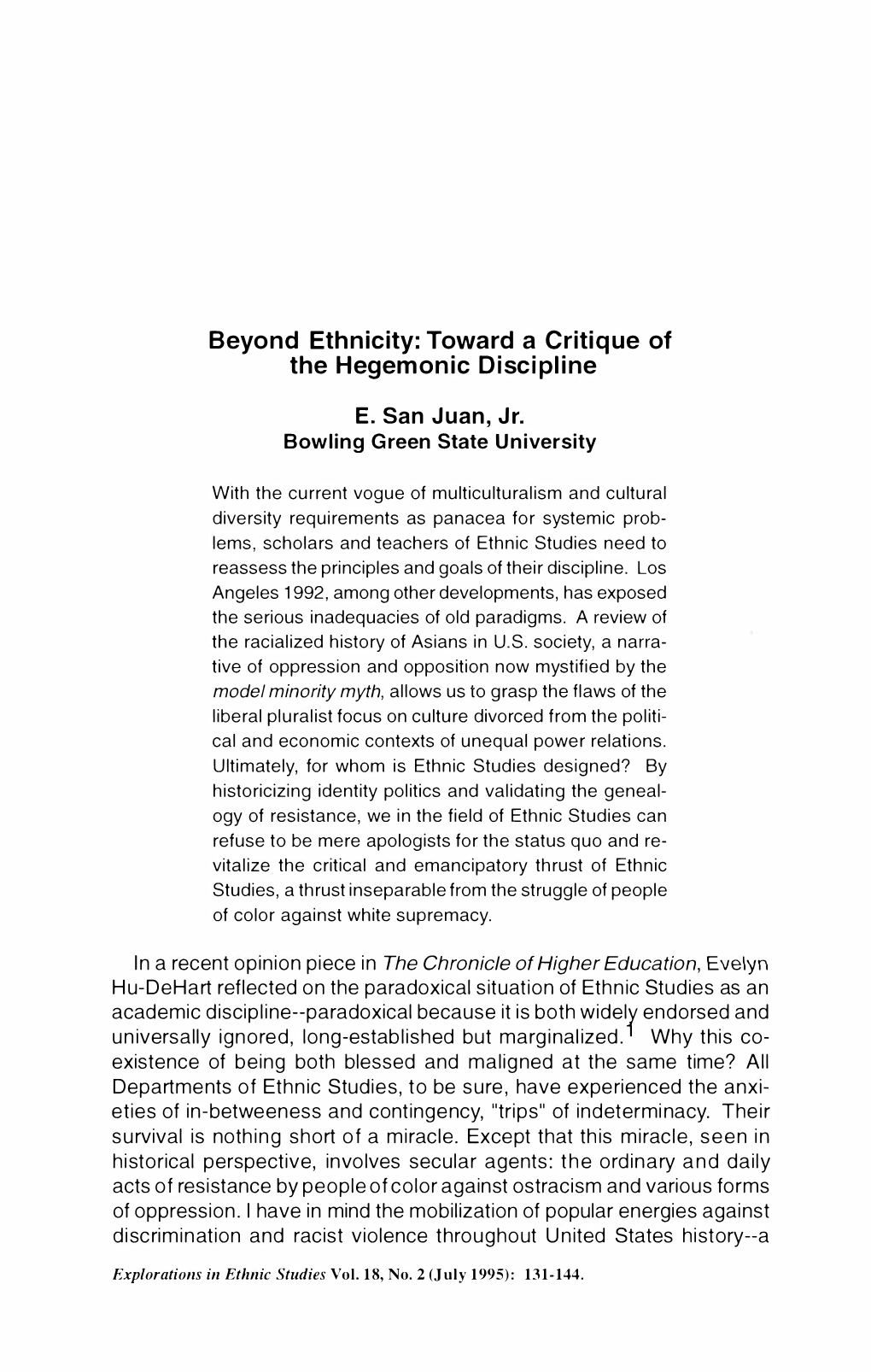 Beyond Ethnicity: Toward a Critique of the Hegemonic Discipline E. San