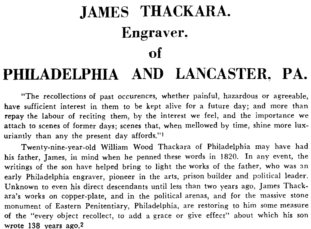 JAMES THACKARA. Engraver. of PHILADELPHIA and LANCASTER, PA