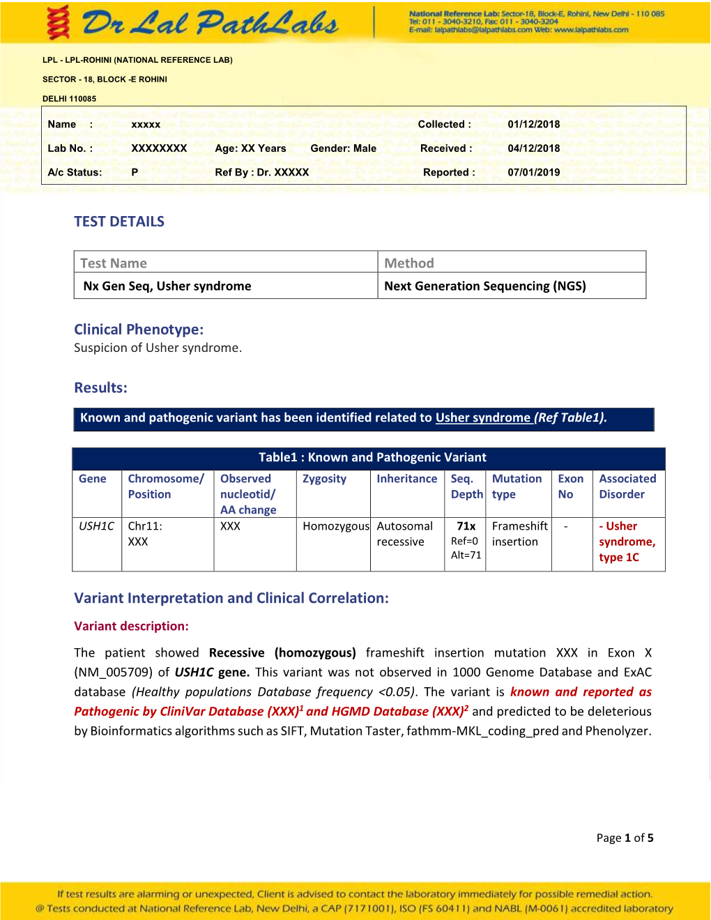 TEST DETAILS Clinical Phenotype: Results: Variant