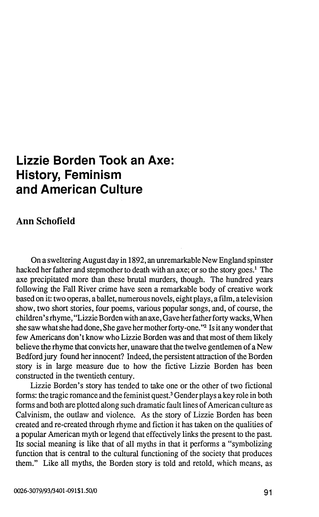 Lizzie Borden Took an Axe: History, Feminism and American Culture