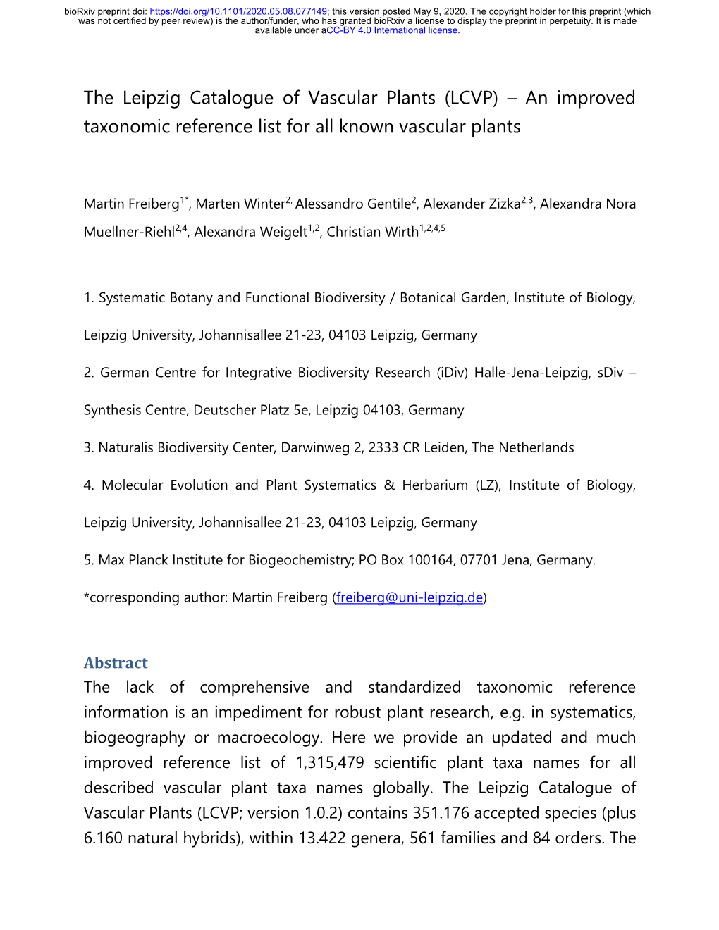 The Leipzig Catalogue of Vascular Plants (LCVP) – an Improved Taxonomic Reference List for All Known Vascular Plants