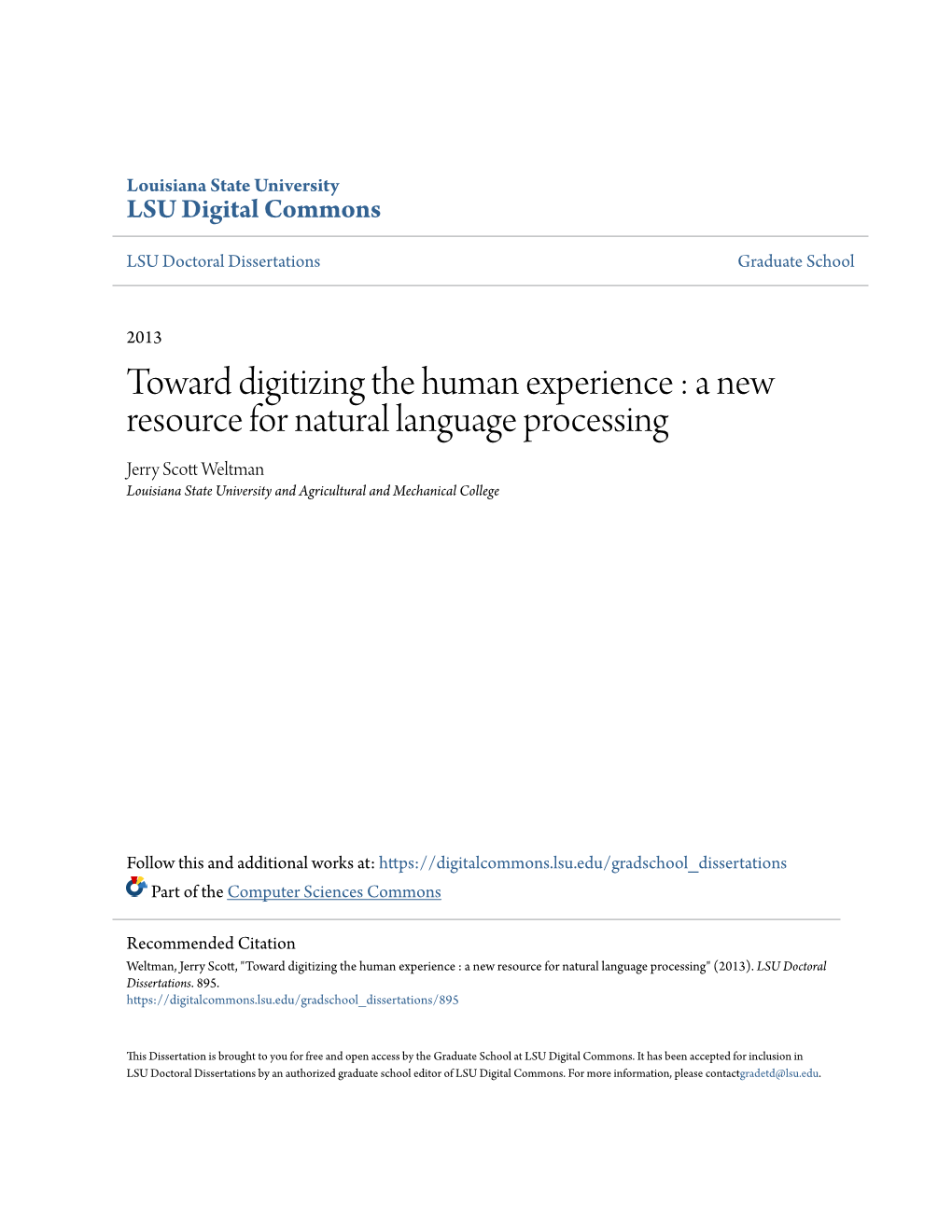 A New Resource for Natural Language Processing Jerry Scott Eltmw an Louisiana State University and Agricultural and Mechanical College