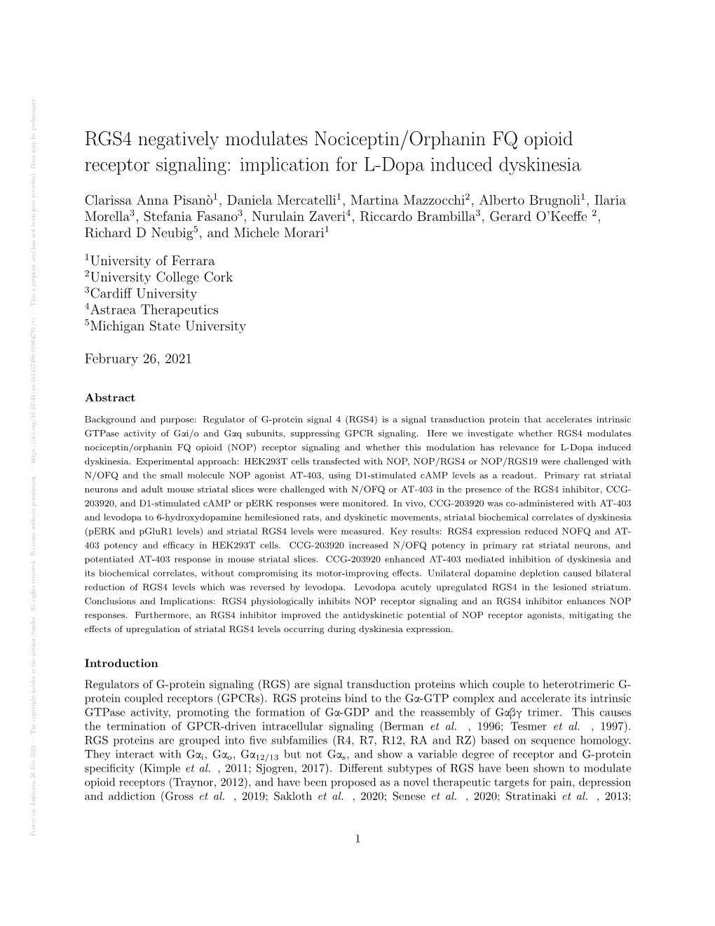 RGS4 Negatively Modulates Nociceptin/Orphanin FQ