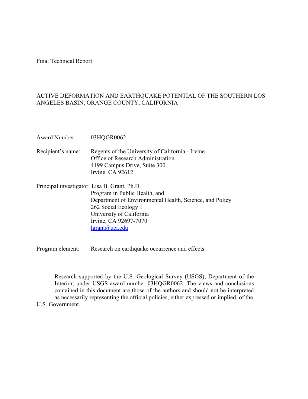 USGS Final Technical Report 03HQGR0062