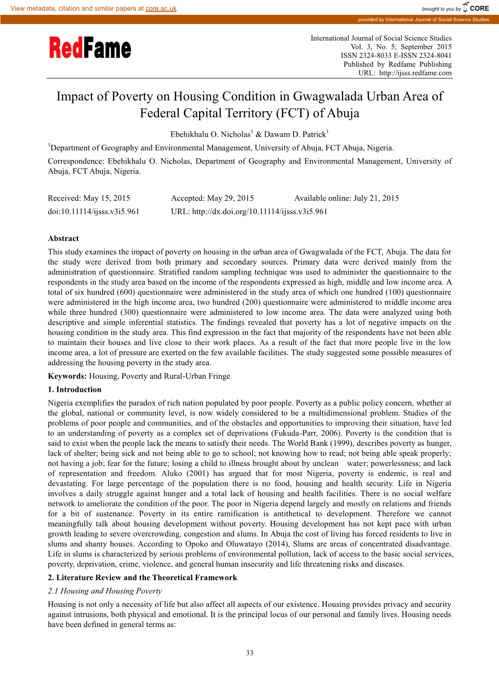 Impact of Poverty on Housing Condition in Gwagwalada Urban Area of Federal Capital Territory (FCT) of Abuja