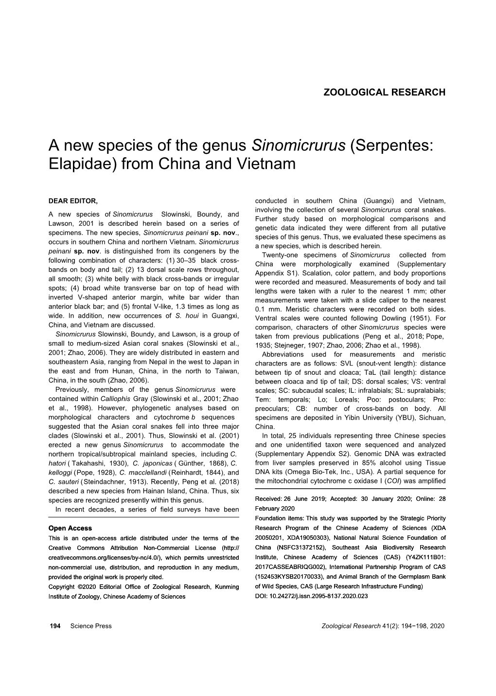 A New Species of the Genus Sinomicrurus (Serpentes: Elapidae) from China and Vietnam