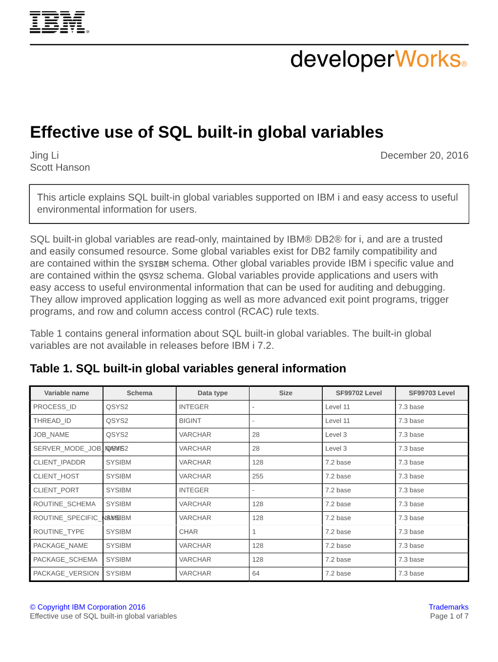 Effective Use of SQL Built-In Global Variables Jing Li December 20, 2016 Scott Hanson