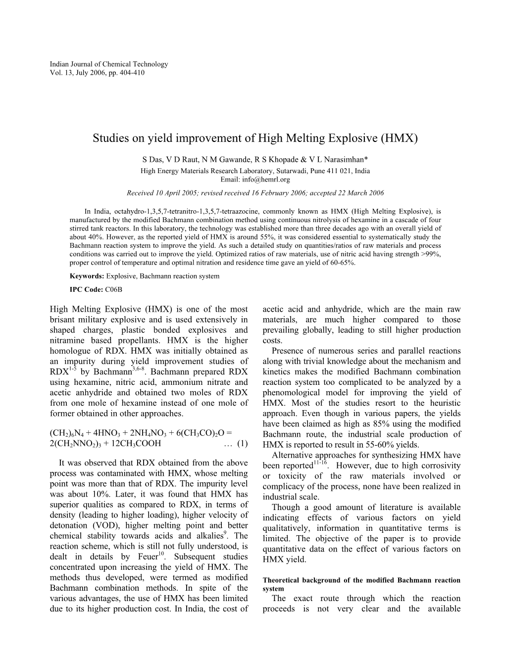 Studies on Yield Improvement of High Melting Explosive (HMX)