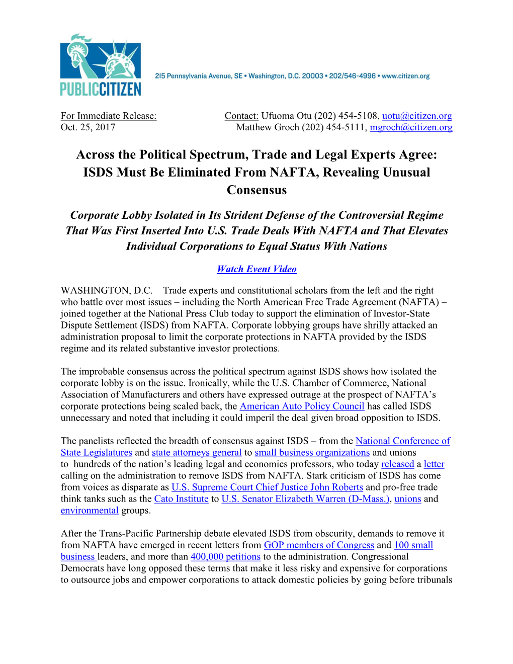 Across the Political Spectrum, Trade and Legal Experts Agree: ISDS Must Be Eliminated from NAFTA, Revealing Unusual Consensus