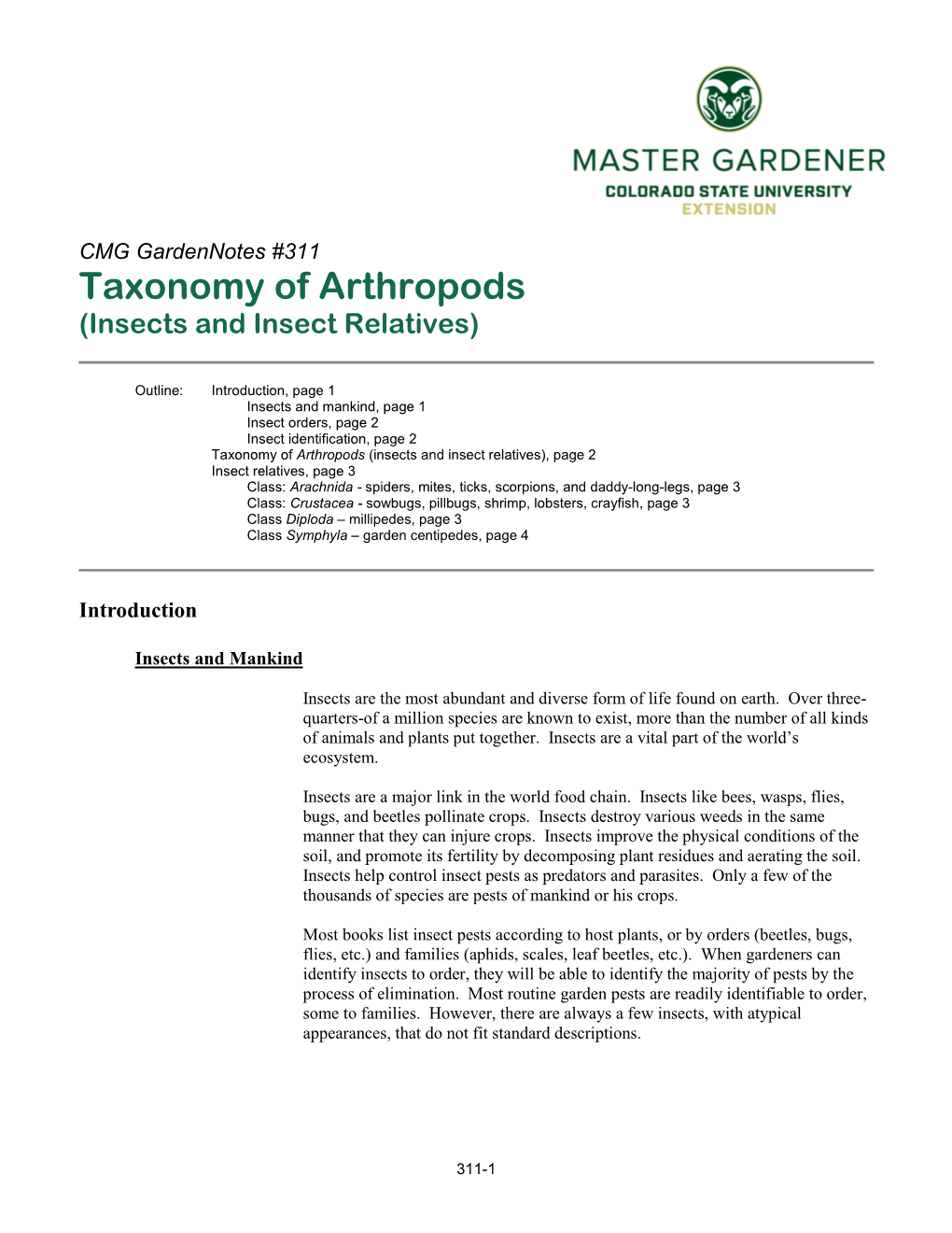 Taxonomy of Arthropods (Insects and Insect Relatives)