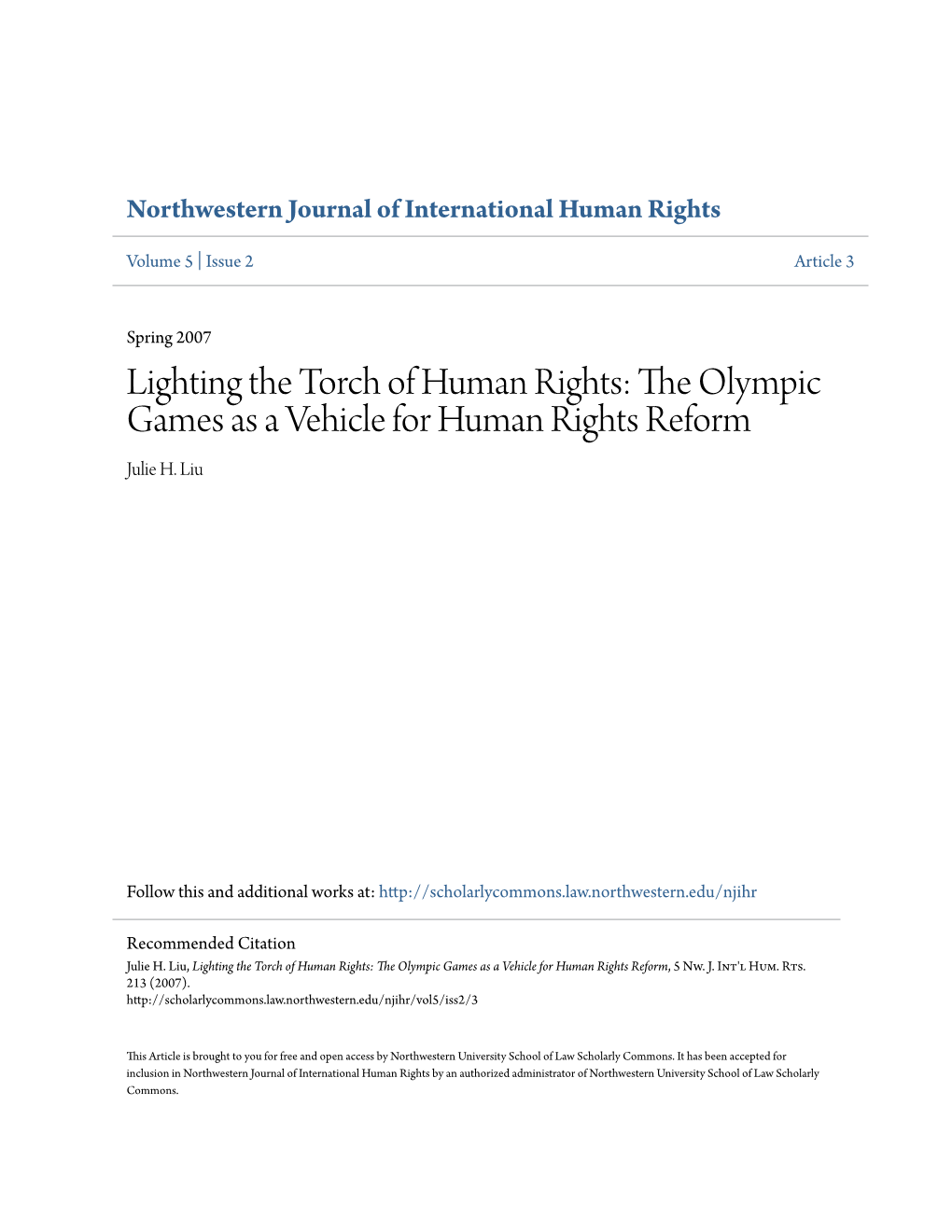 The Olympic Games As a Vehicle for Human Rights Reform Julie H