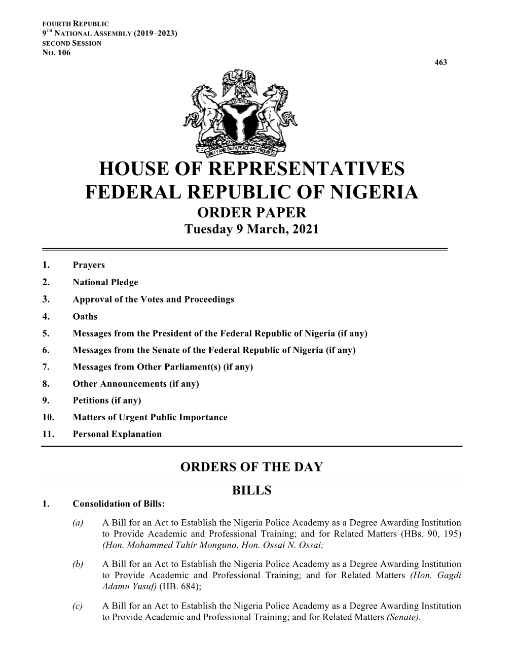 House of Reps Order Paper, Tuesday 9 March, 2021