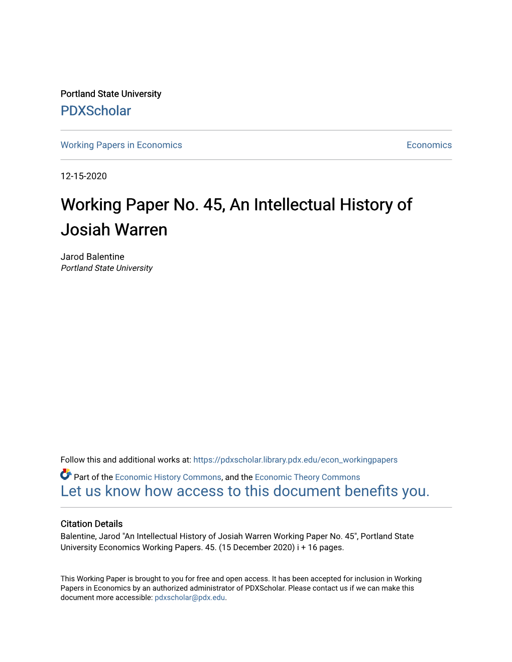 Working Paper No. 45, an Intellectual History of Josiah Warren