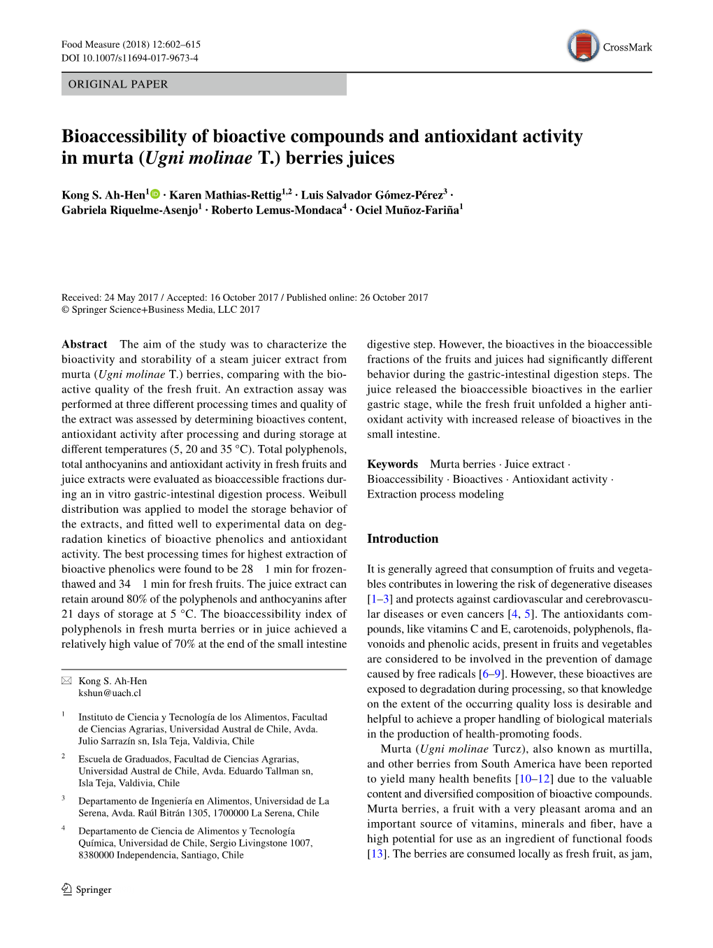 Bioaccessibility of Bioactive Compounds and Antioxidant Activity in Murta (Ugni Molinae T.) Berries Juices