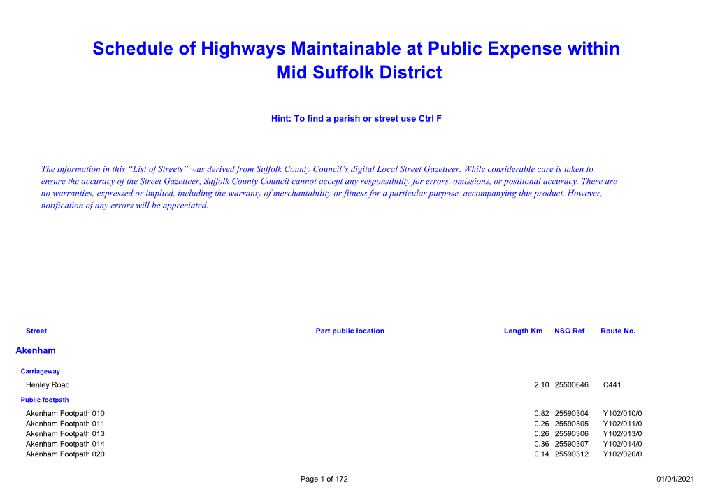 Schedule of Highways Maintainable at Public Expense Within Mid Suffolk District