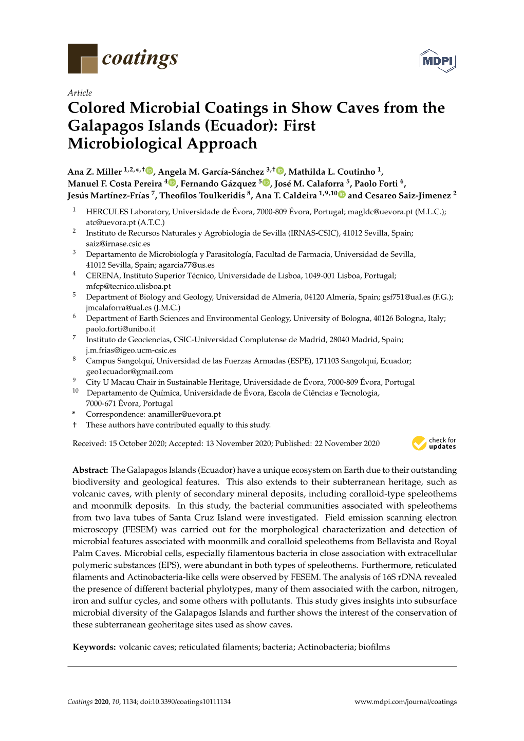 Colored Microbial Coatings in Show Caves from the Galapagos Islands (Ecuador): First Microbiological Approach