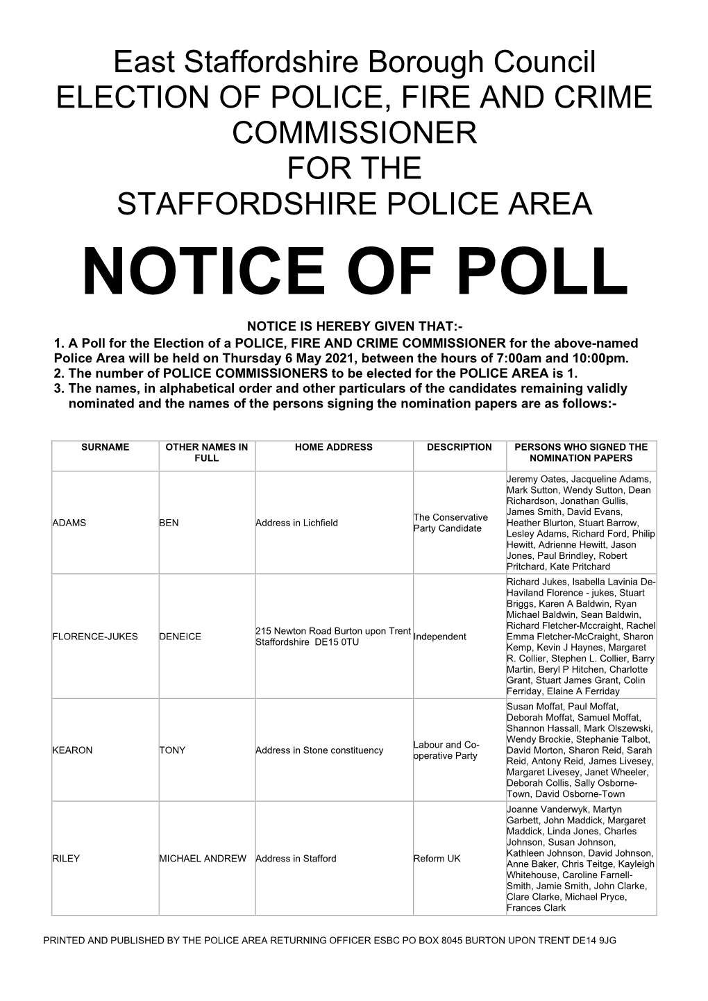 Notice of Poll