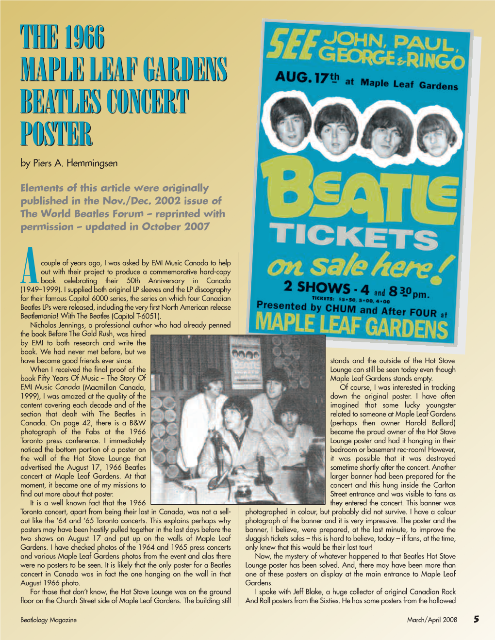 THE 1966 MAPLE LEAF GARDENS BEATLES CONCERT POSTER by Piers A