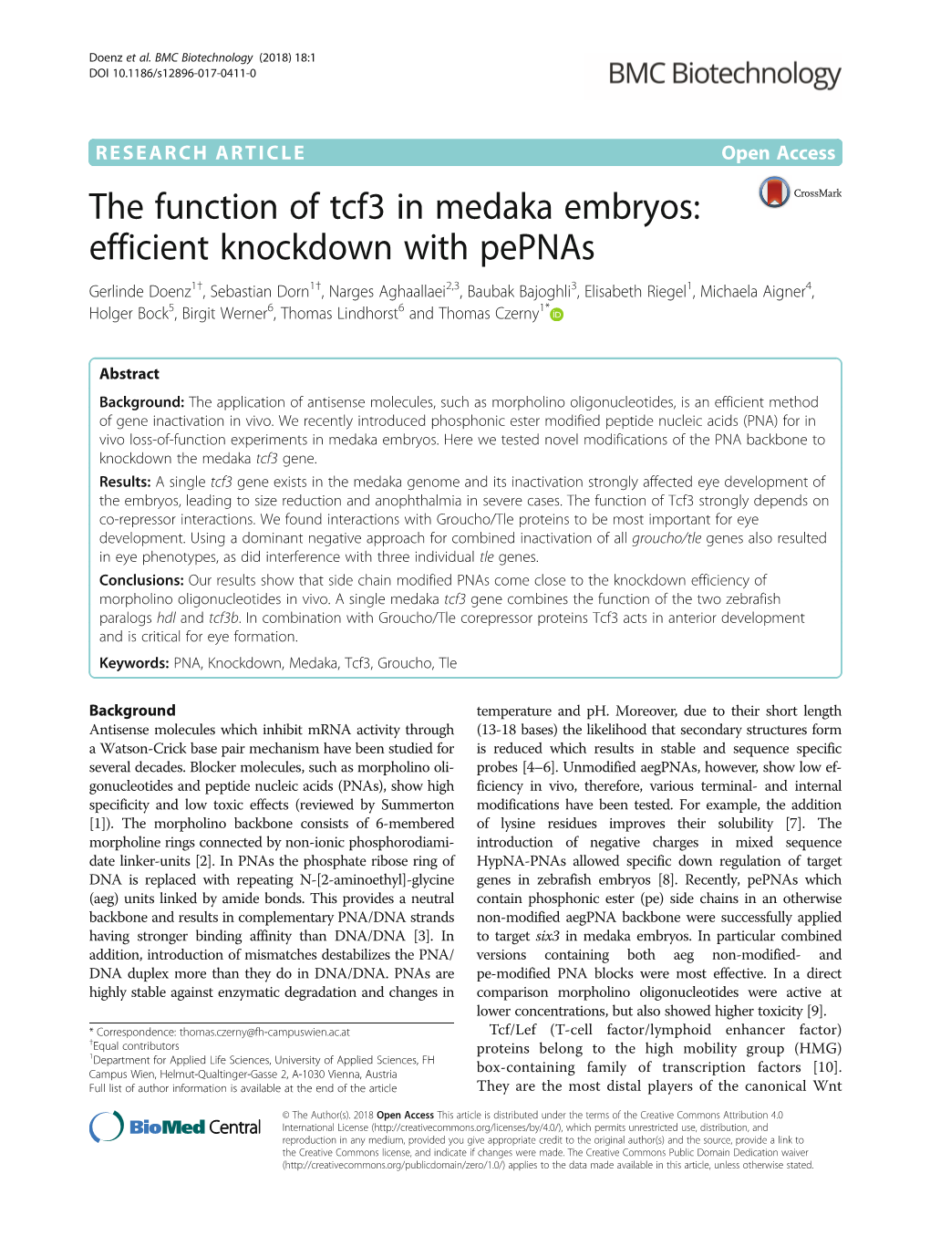 The Function of Tcf3 in Medaka Embryos: Efficient Knockdown With