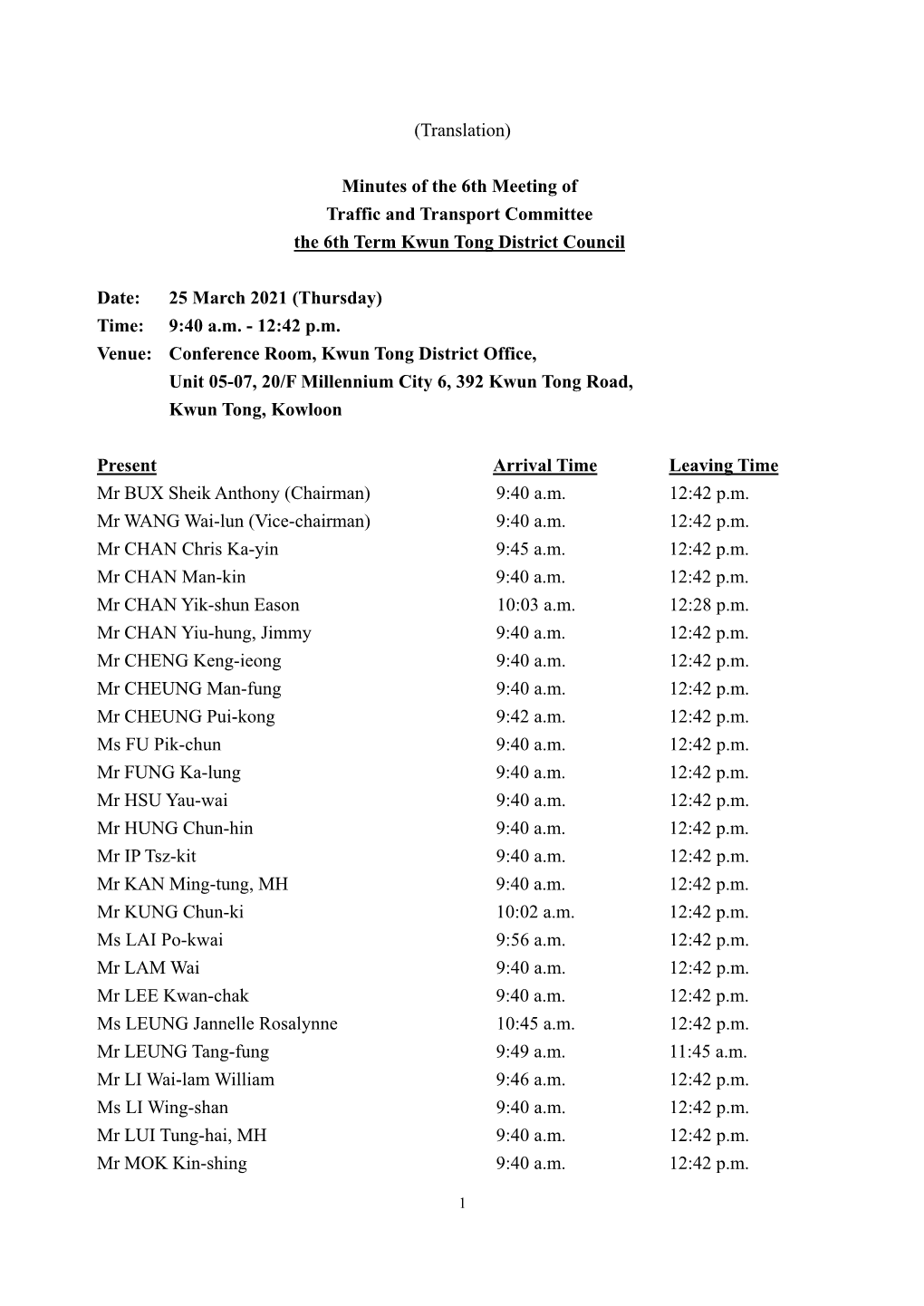 Minutes of the 6Th Meeting of Traffic and Transport Committee the 6Th Term Kwun Tong District Council