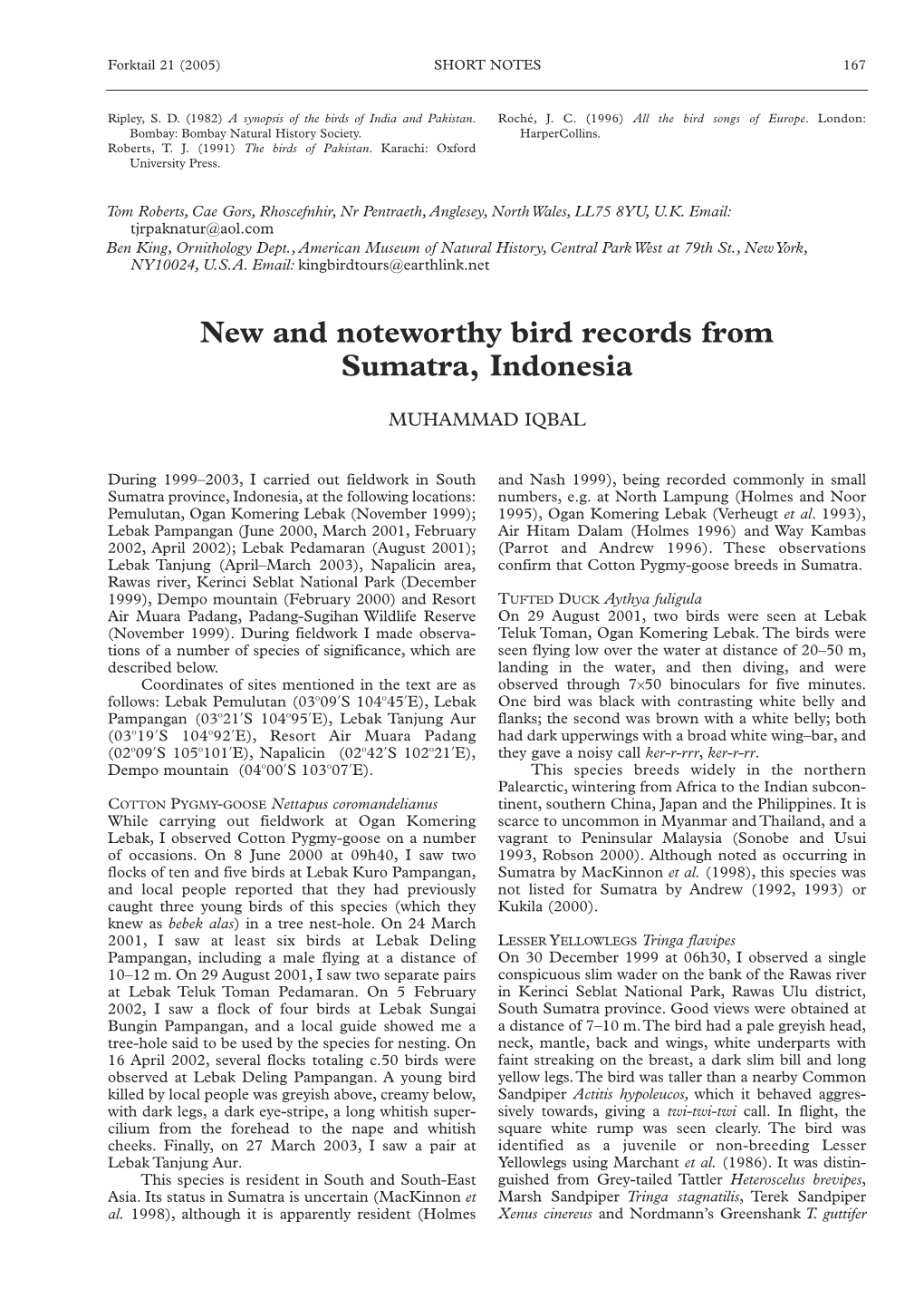 New and Noteworthy Bird Records from Sumatra, Indonesia