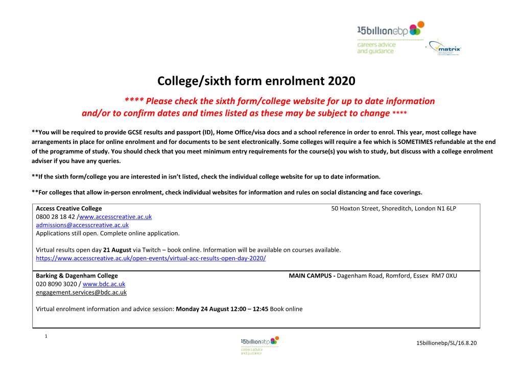 College/Sixth Form Enrolment 2020