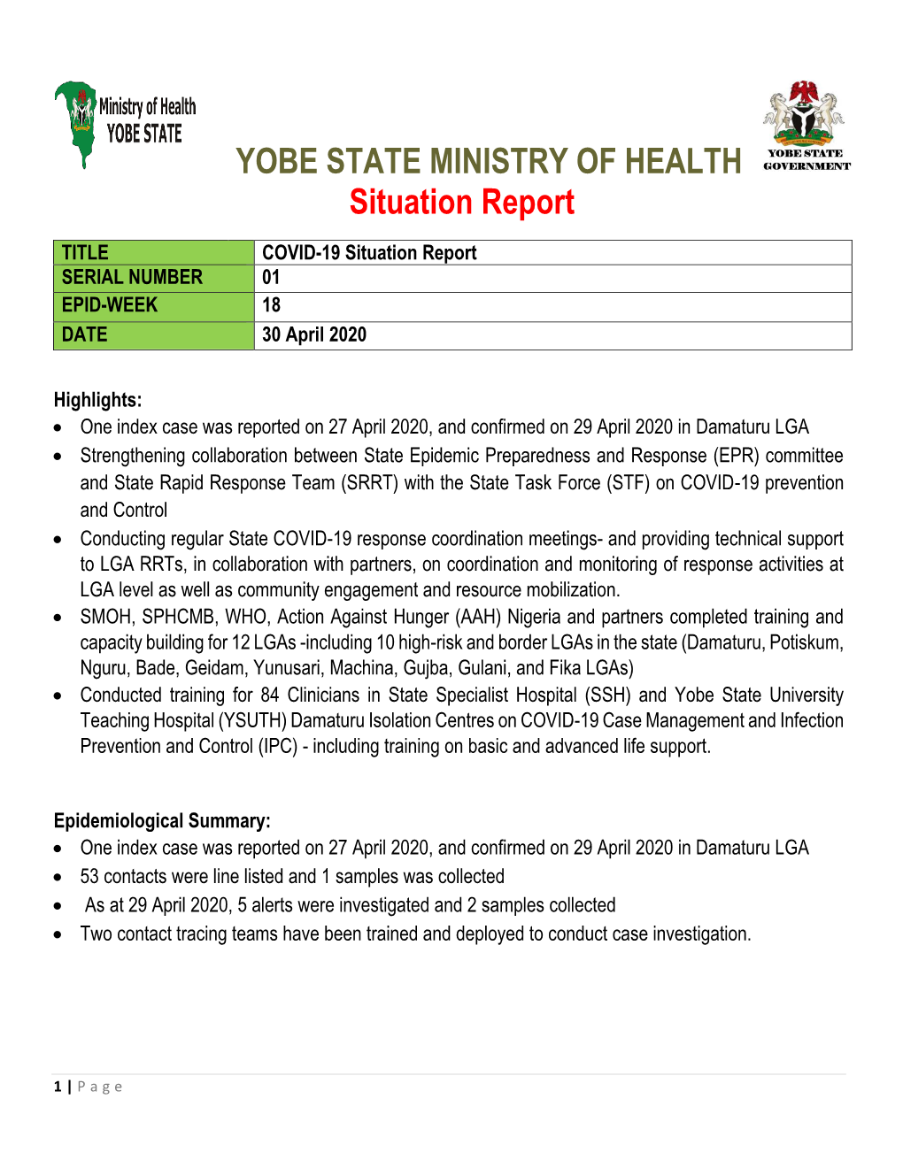 YOBE STATE MINISTRY of HEALTH Situation Report