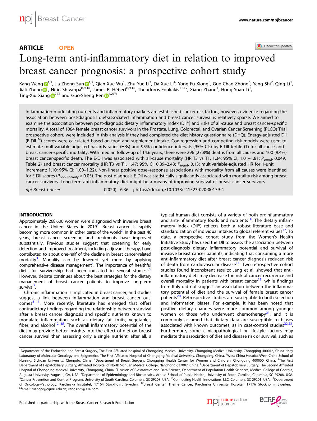 Long-Term Anti-Inflammatory Diet in Relation to Improved Breast Cancer Prognosis
