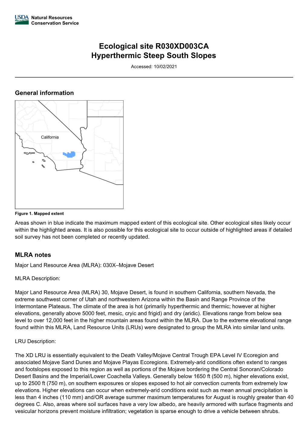 Ecological Site R030XD003CA Hyperthermic Steep South Slopes