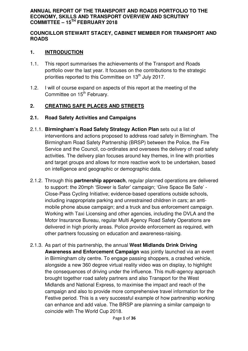 Annual Report of the Transport and Roads Portfolio to the Economy, Skills and Transport Overview and Scrutiny Committee – 15 Th February 2018