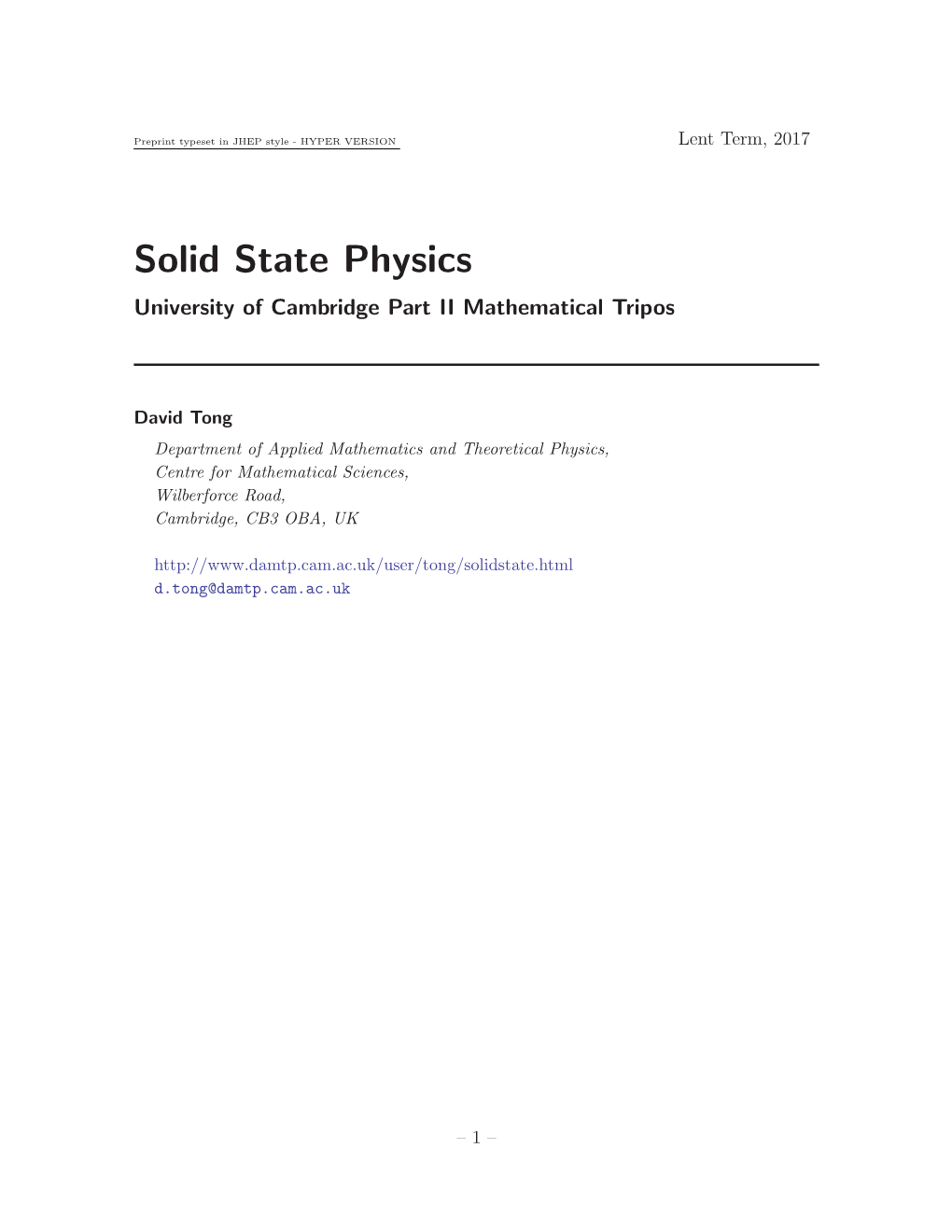 Solid State Physics University of Cambridge Part II Mathematical Tripos