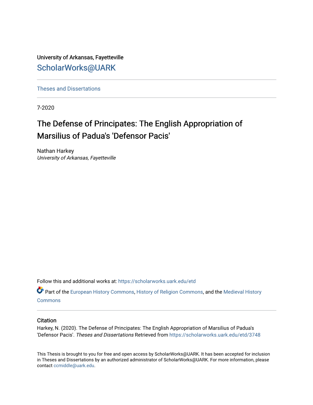 The Defense of Principates: the English Appropriation of Marsilius of Padua's 'Defensor Pacis'