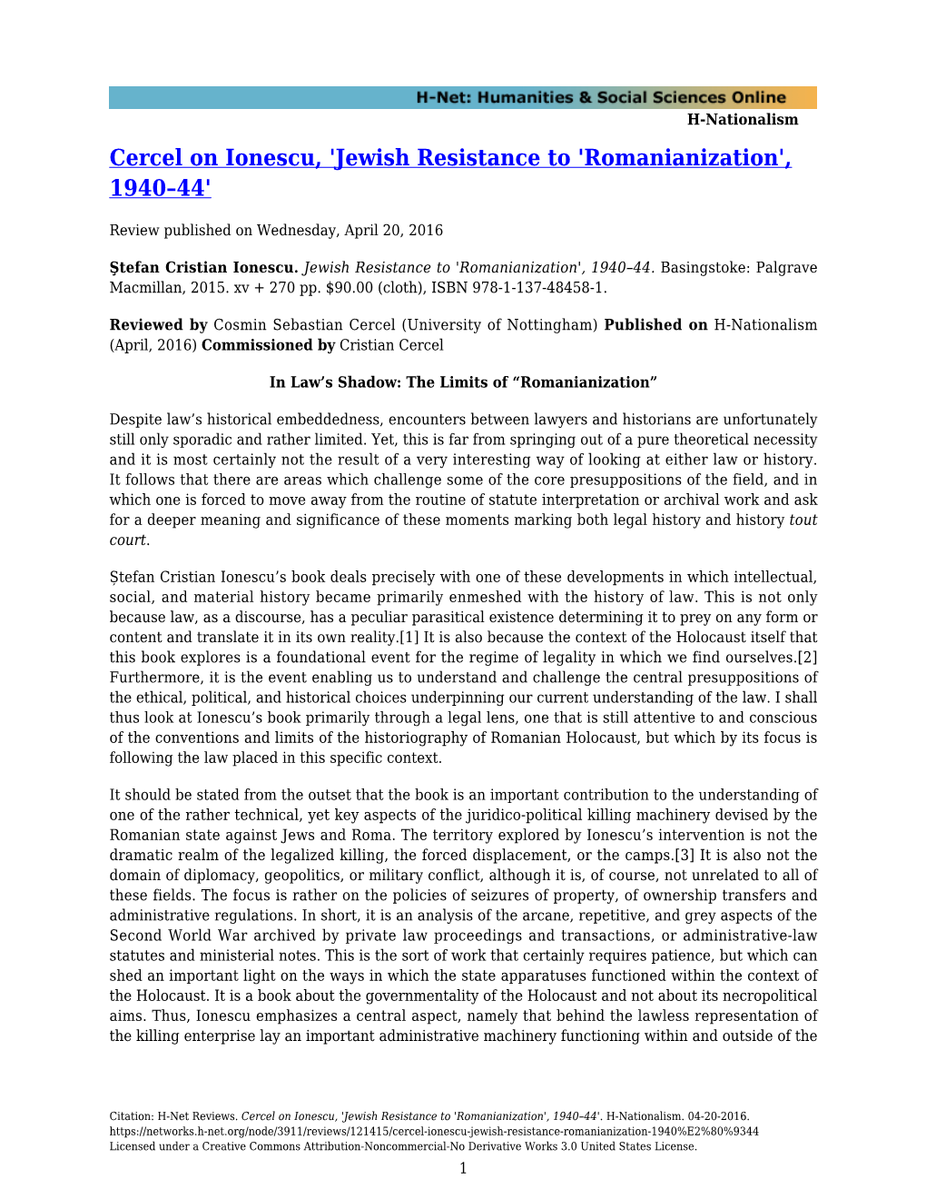 Cercel on Ionescu, 'Jewish Resistance to 'Romanianization', 1940–44'