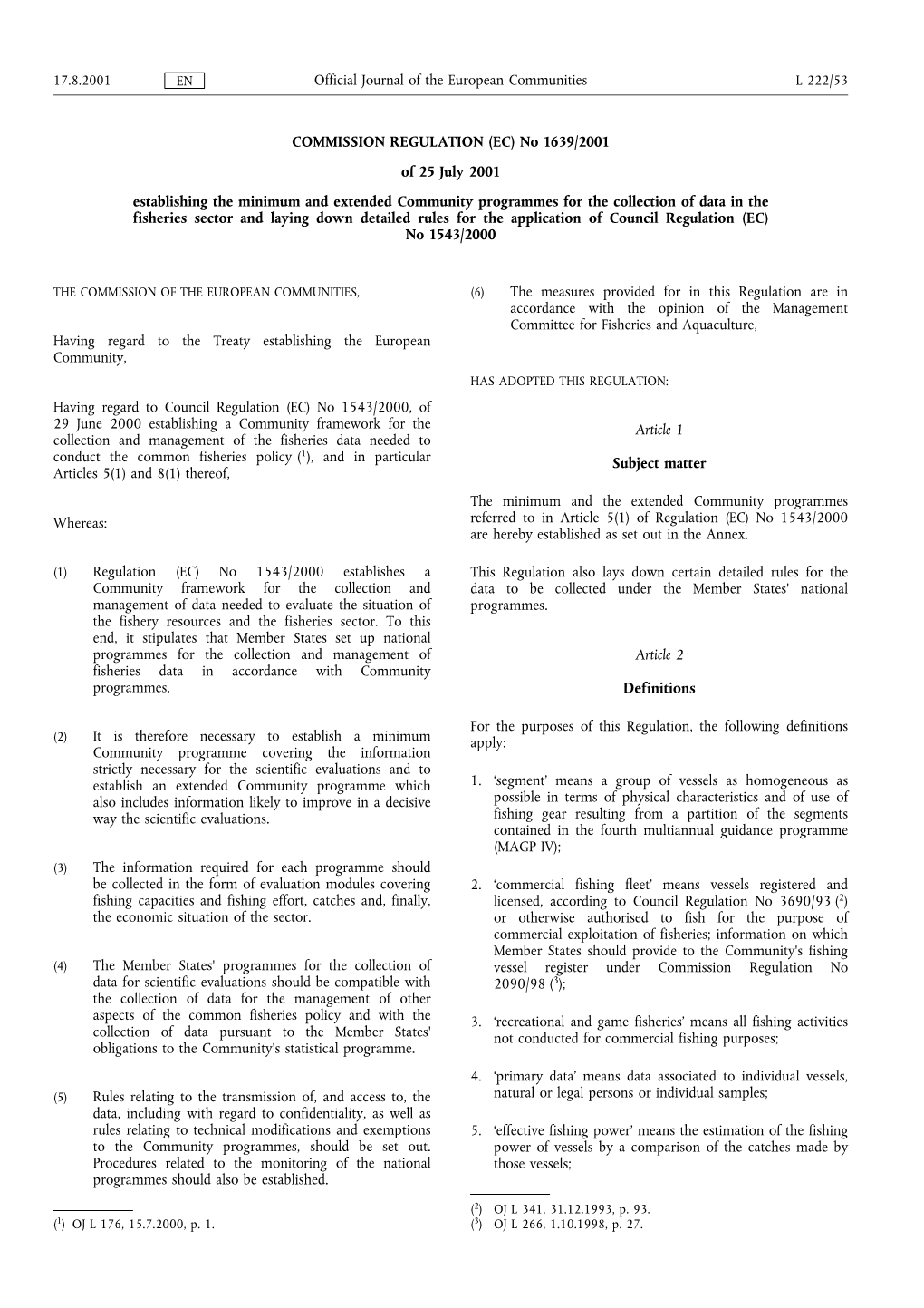 COMMISSION REGULATION (EC) No 1639/2001