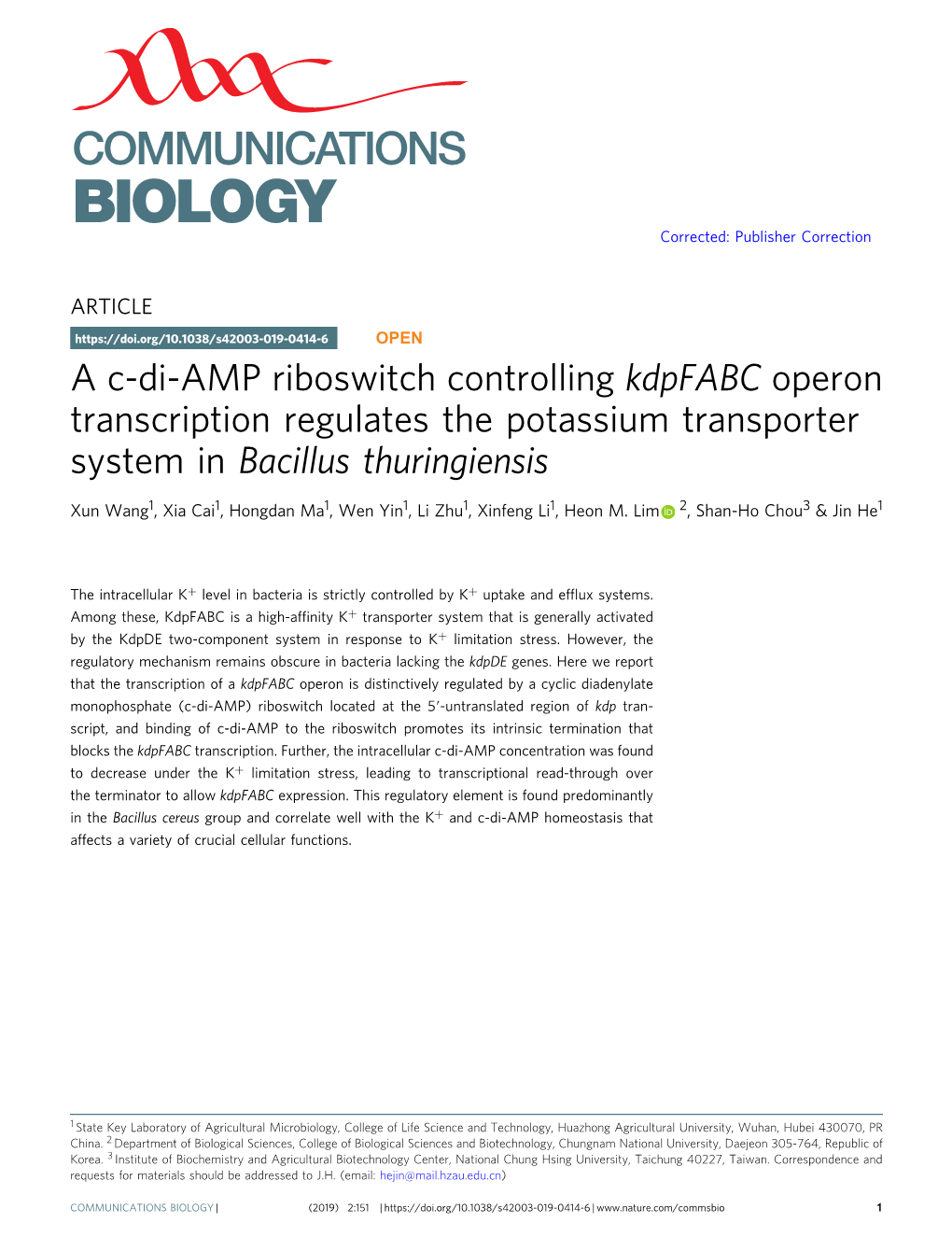 A C-Di-AMP Riboswitch Controlling Kdpfabc Operon Transcription Regulates the Potassium Transporter System in Bacillus Thuringiensis