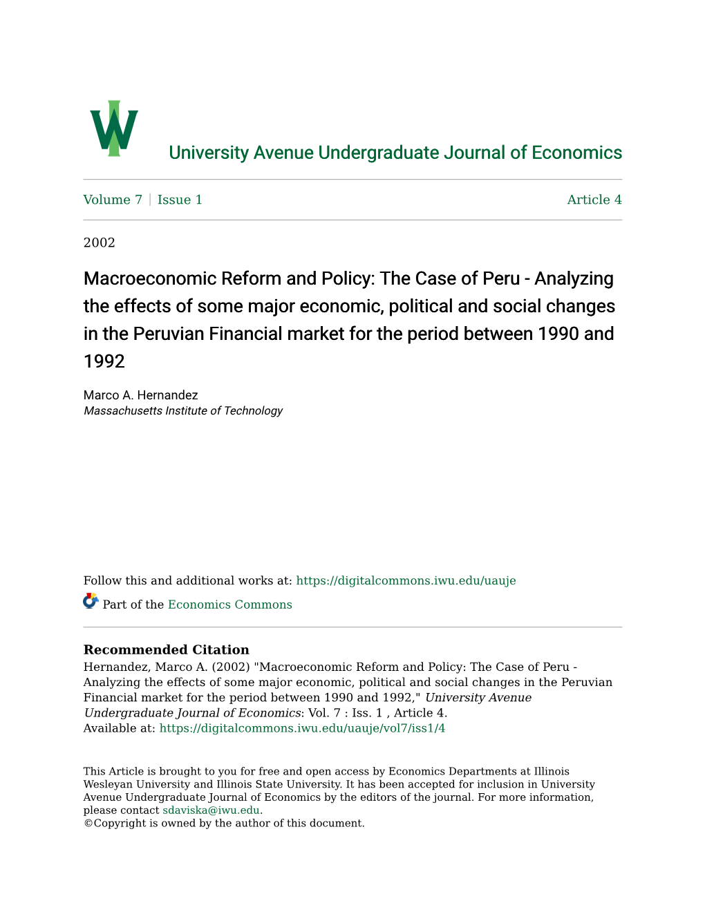 Macroeconomic Reform and Policy: the Case of Peru