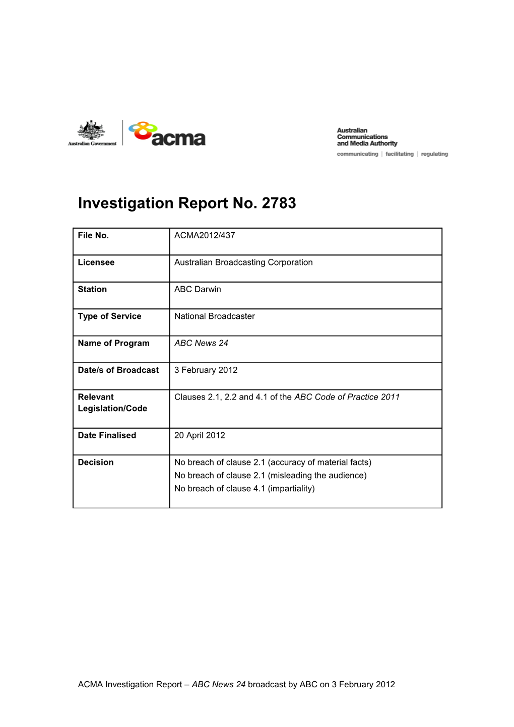 ABC Darwin - ACMA Investigation Report 2783