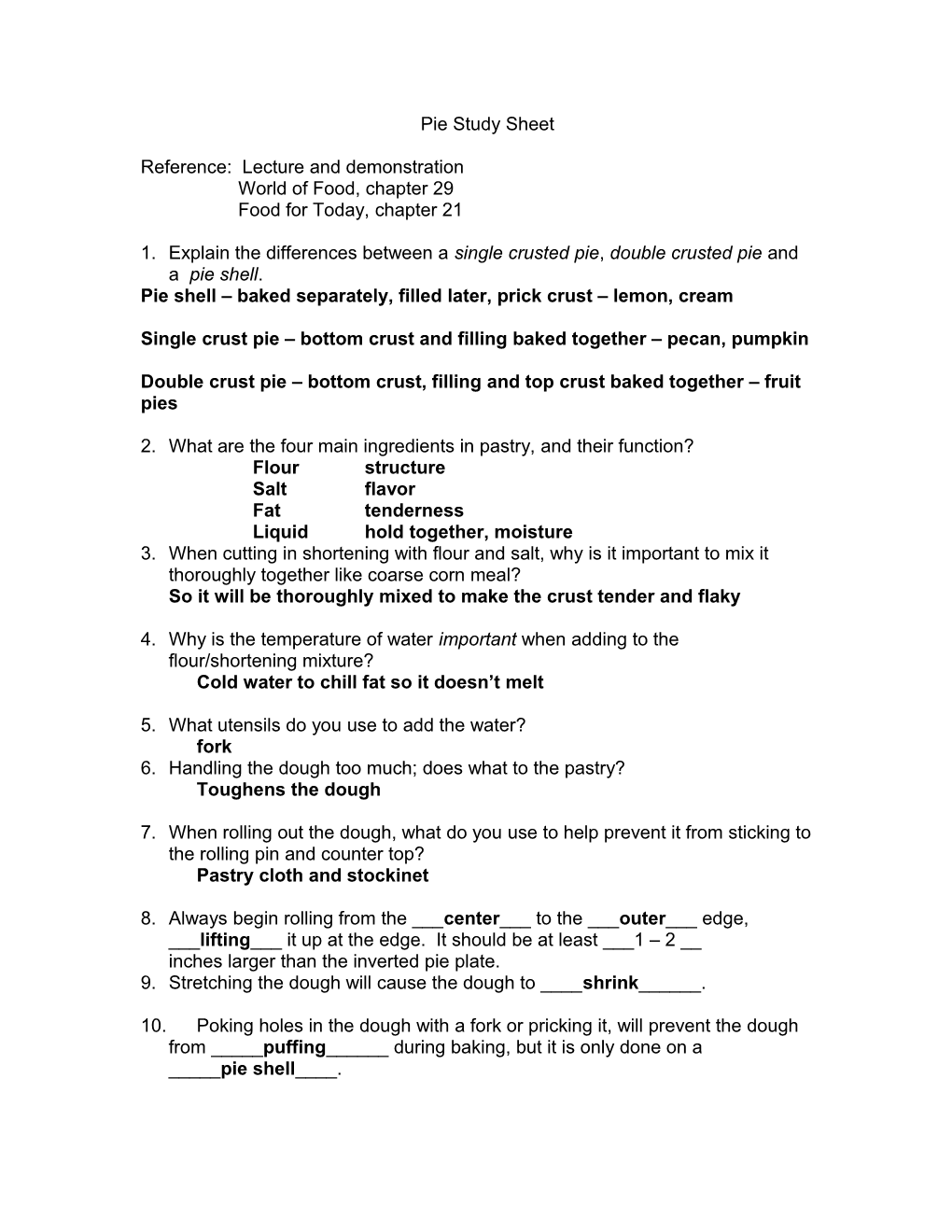 Pie Study Sheet