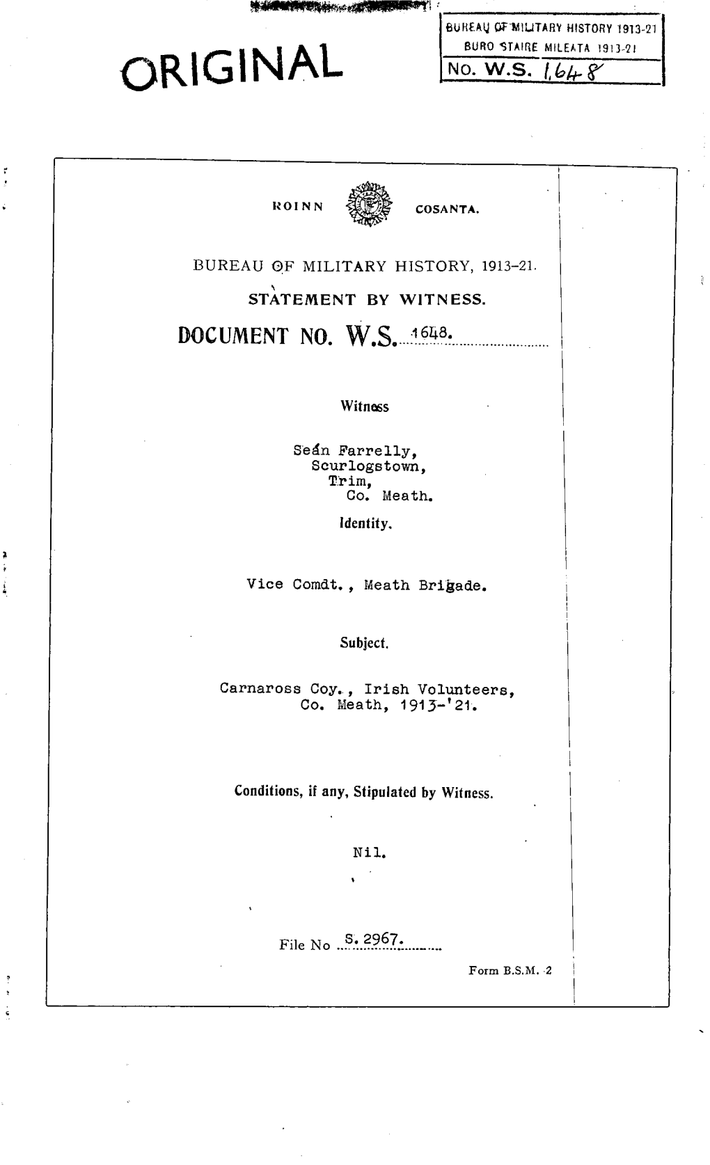 ROINN COSANTA. BUREAU of MILITARY HISTORY, 1913-21. STATEMENT by WITNESS. DOCUMENT NO. W.S. 1648. Witness Seán Farrelly, Scurlo