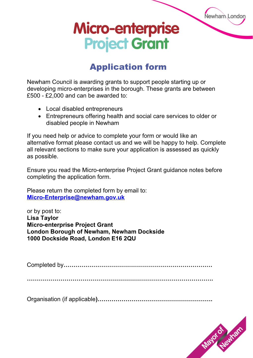 Micro-Enterprise Project Grant Application Form