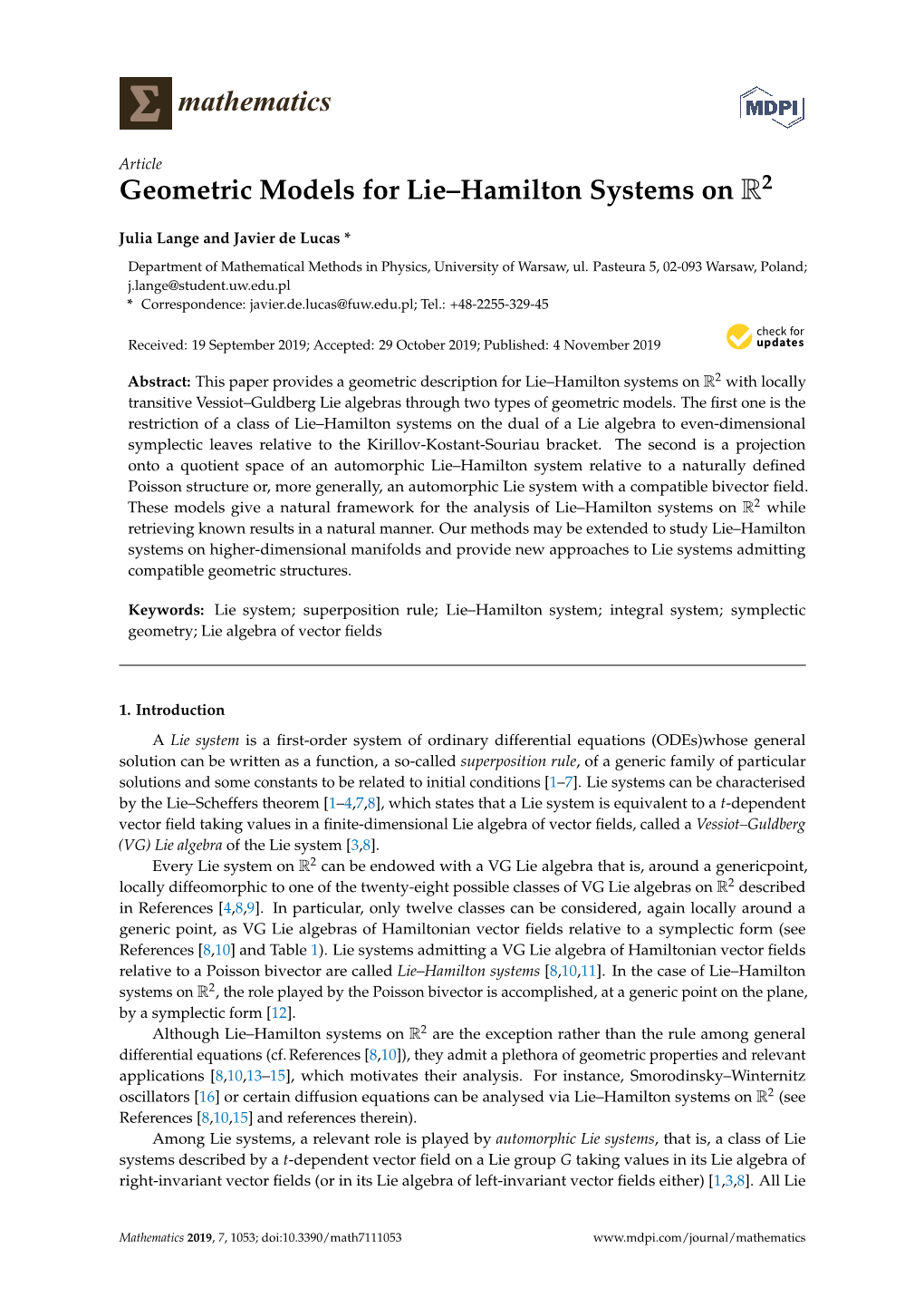 Geometric Models for Lie–Hamilton Systems on R2