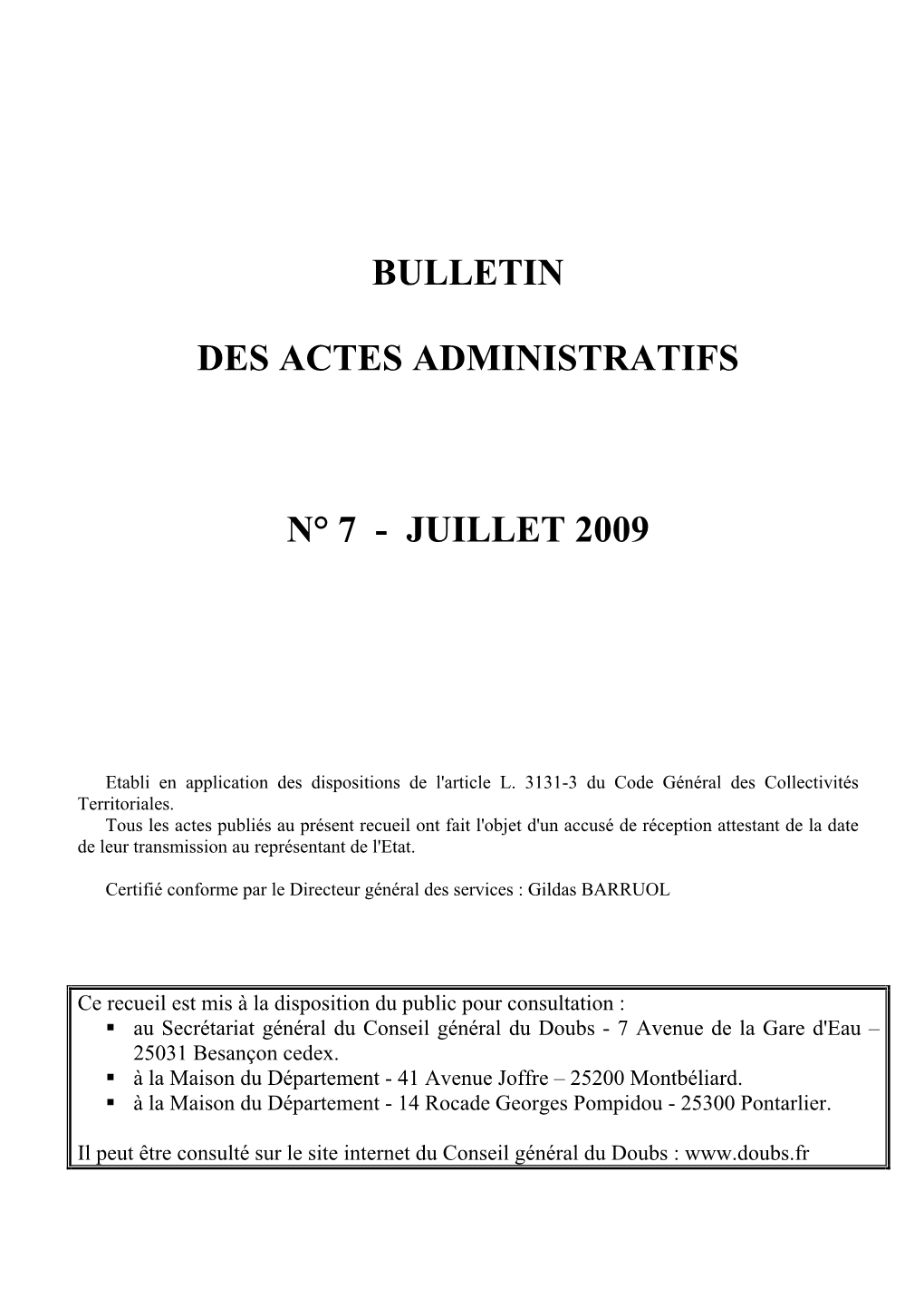 Bulletin Des Actes Administratifs N° 7