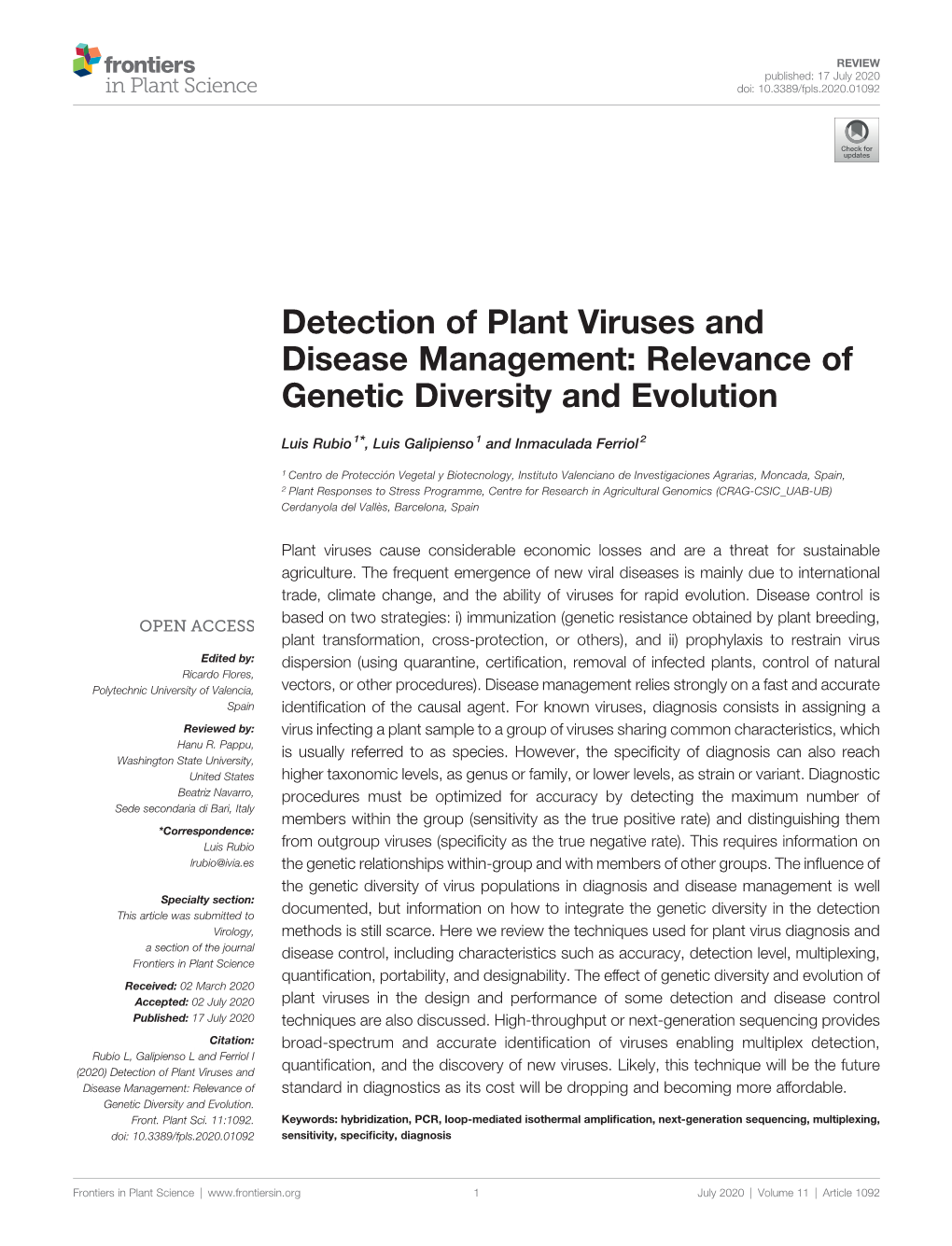 Detection of Plant Viruses and Disease Management: Relevance of Genetic Diversity and Evolution