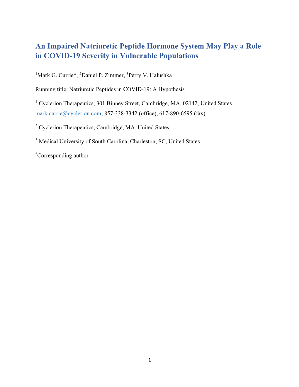 An Impaired Natriuretic Peptide Hormone System May Play a Role in COVID-19 Severity in Vulnerable Populations