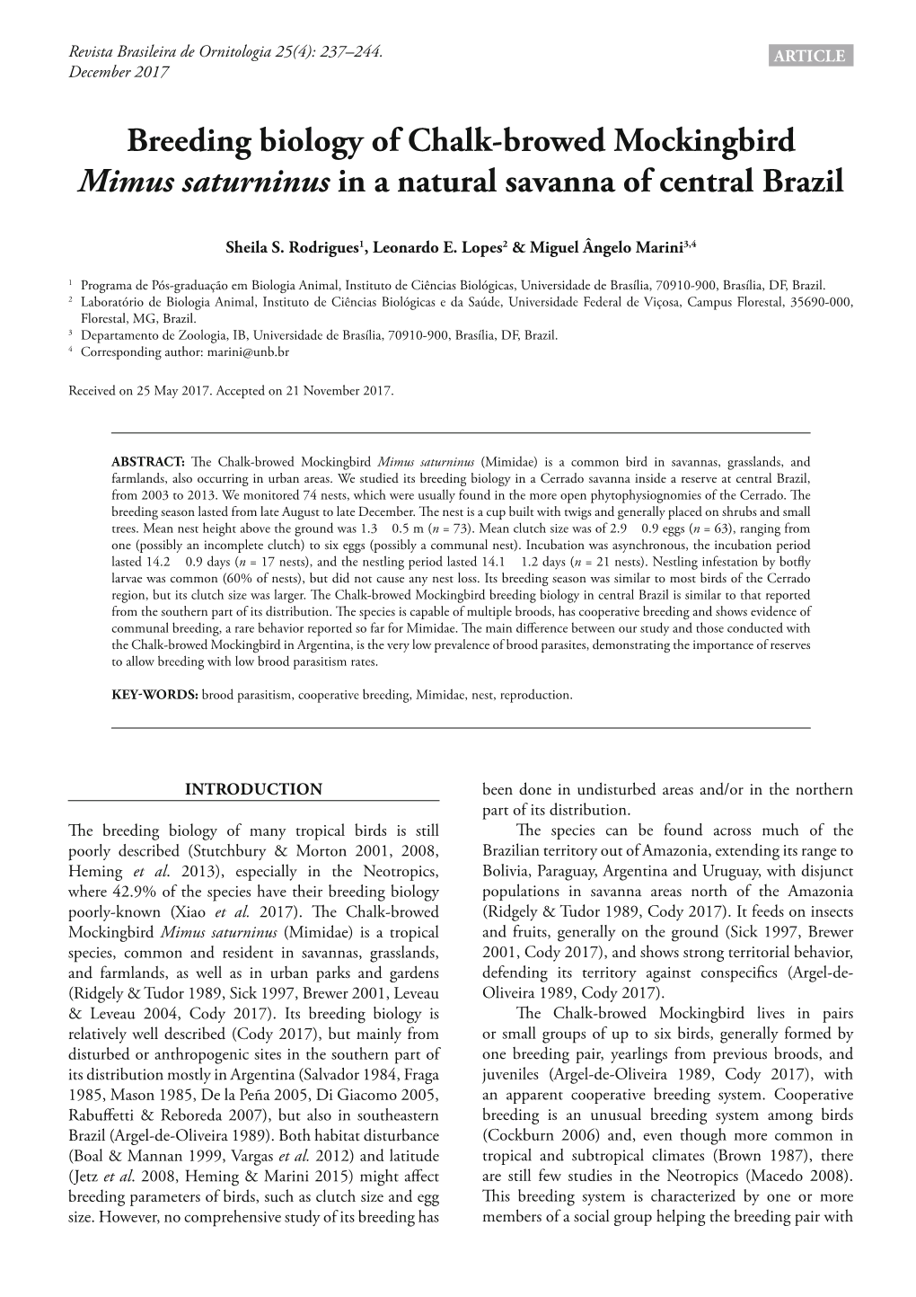 Breeding Biology of Chalk-Browed Mockingbird Mimus Saturninus in a Natural Savanna of Central Brazil