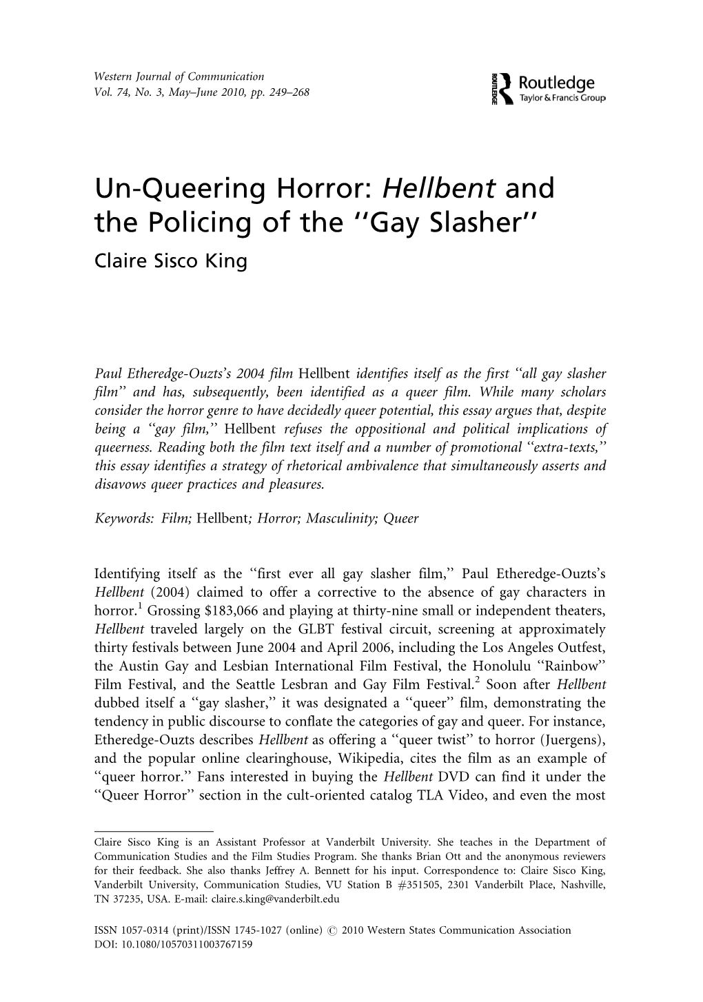 Un-Queering Horror: Hellbent and the Policing of the ''Gay Slasher''