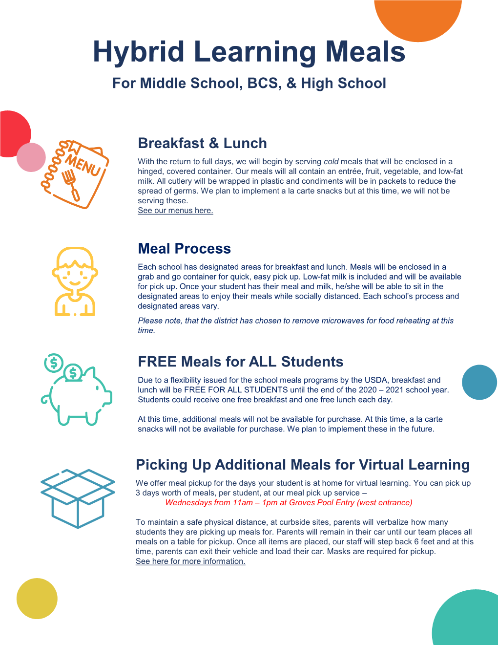 Hybrid Learning Meals for Middle School, BCS, & High School