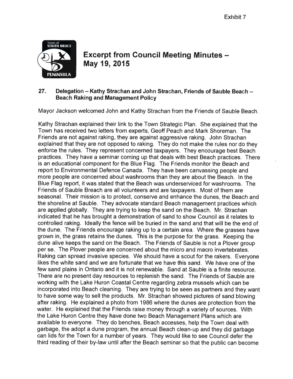Excerpt from Council Meeting Minutes - ~ May 19, 2015 Reninsula