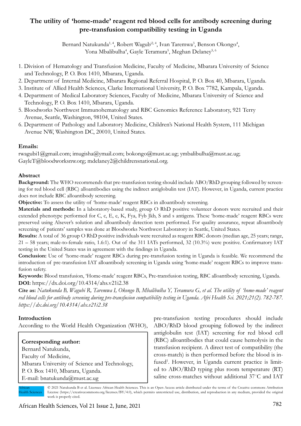 Reagent Red Blood Cells for Antibody Screening During Pre-Transfusion Compatibility Testing in Uganda