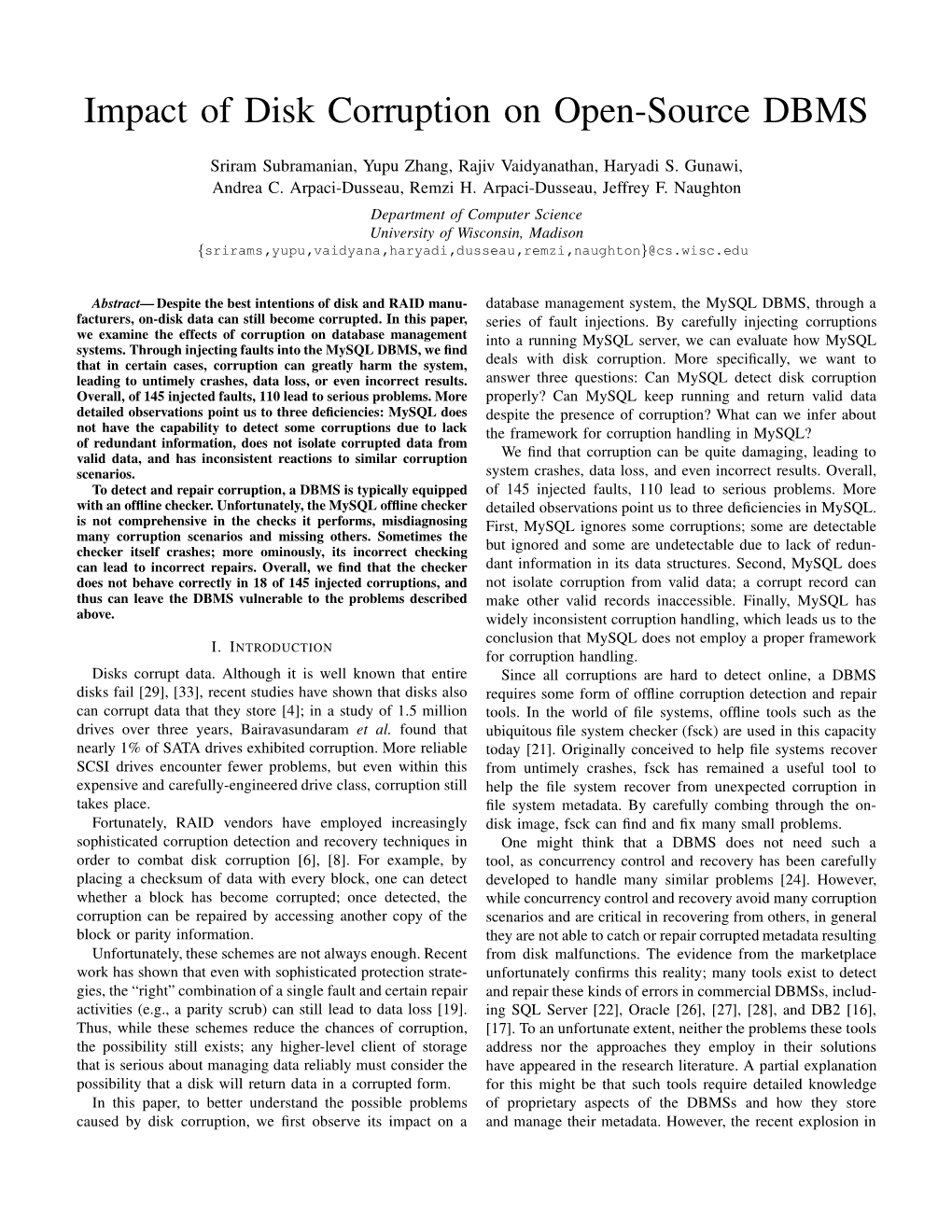 Impact of Disk Corruption on Open-Source DBMS